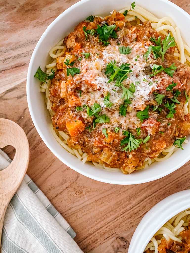 Veggie Bolognese Topped with Parmesan Cheese