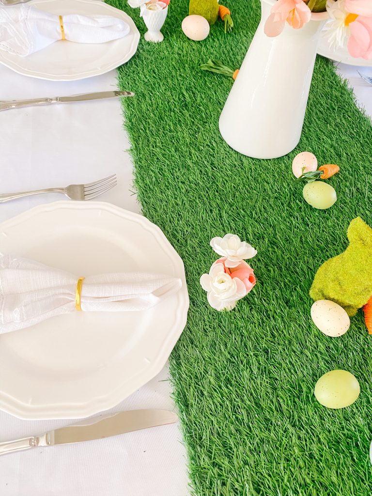 White Tablecloth and Faux Grass Runner